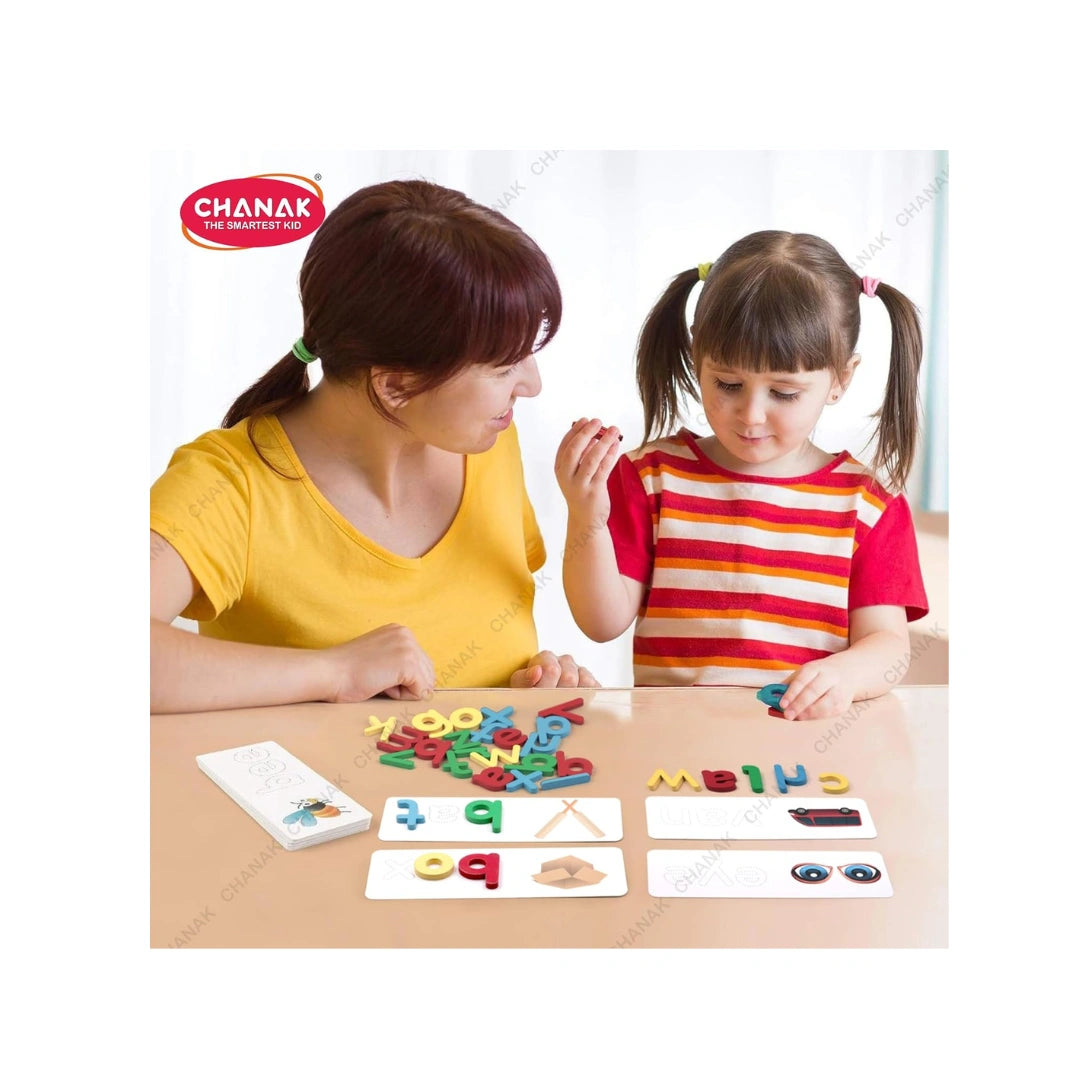 Wooden spelling game with alphabet blocks for kids learning.
