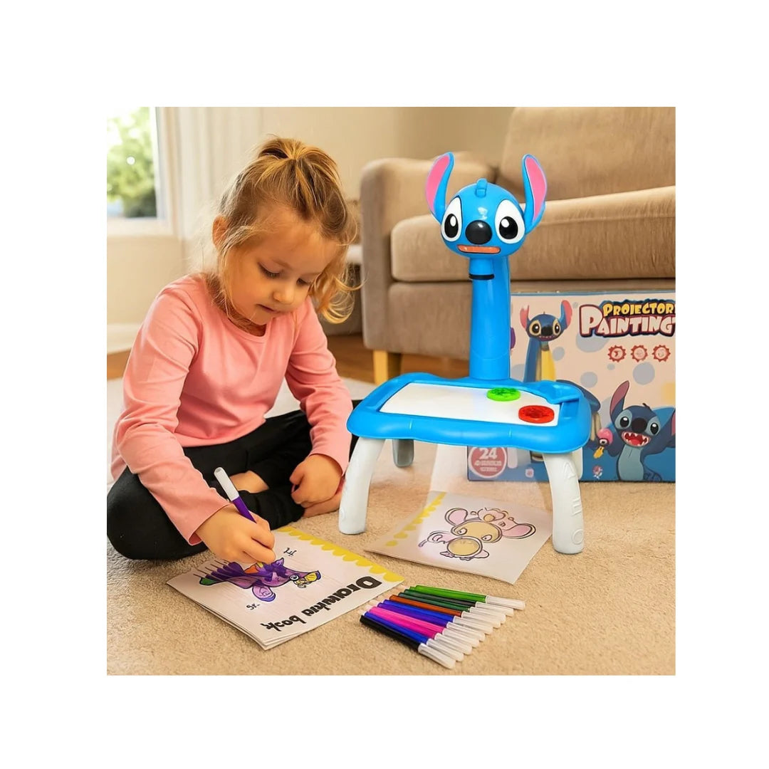 Stitch drawing projector toy for kids with light, music, and tracing activity set.
