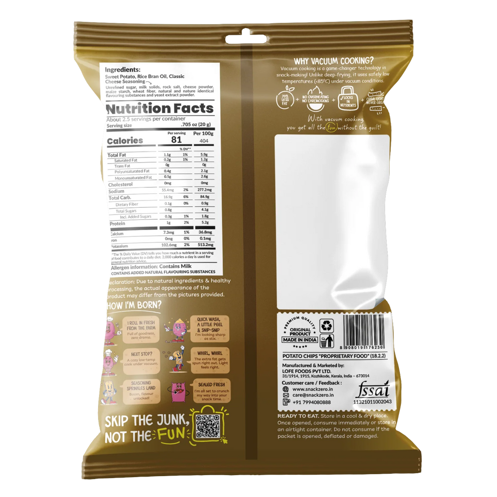 Snack Zero sweet potato stix classic cheese back of bag with nutrition label and barcode.