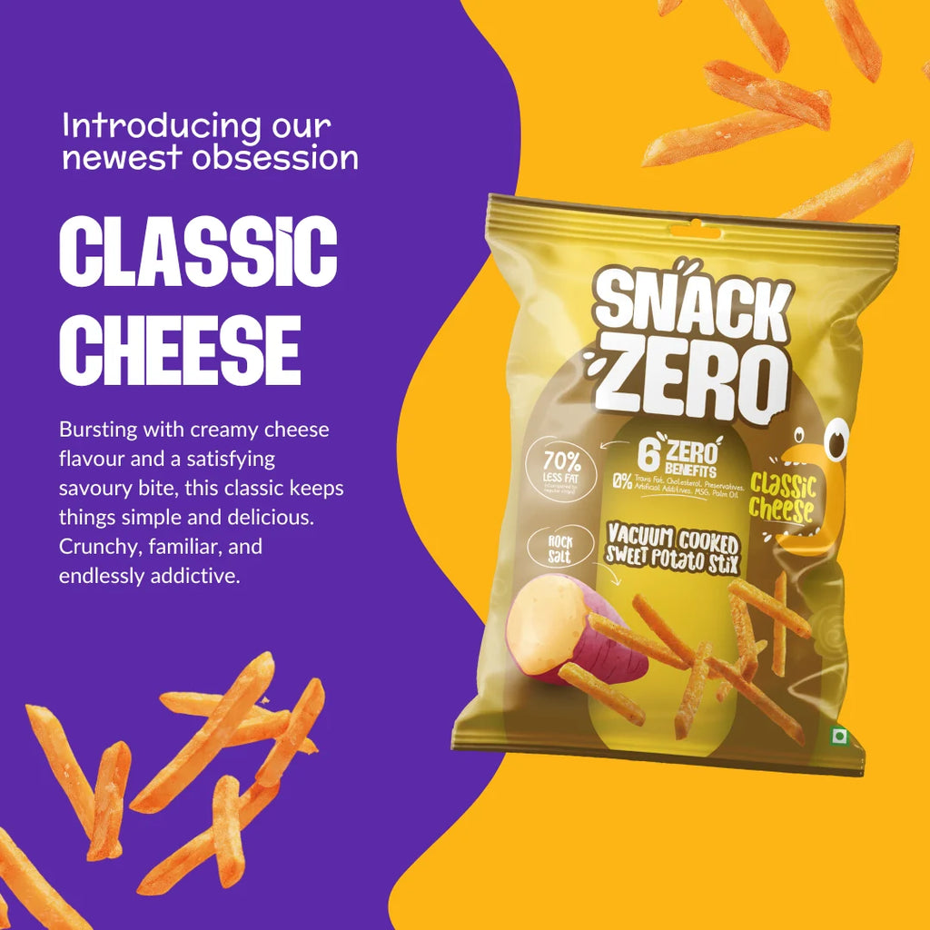 Snack Zero classic cheese snack bag with 'Classic Cheese' text and stix graphic.