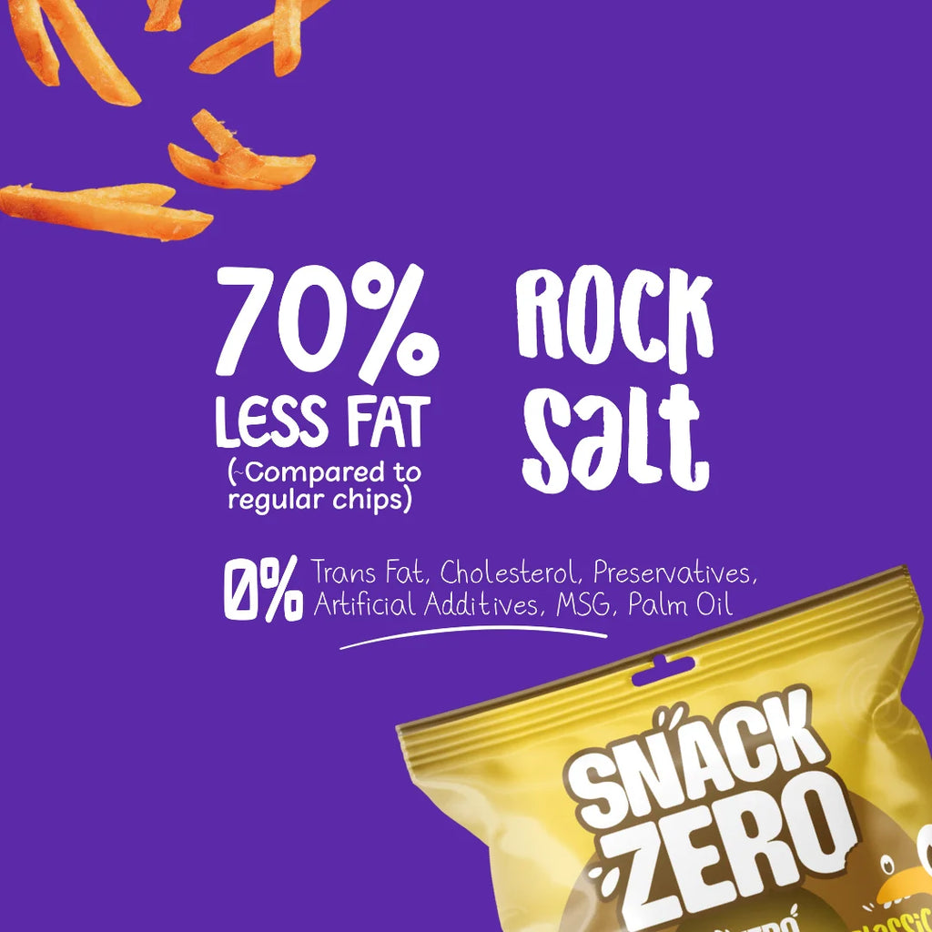 Snack Zero bag detail with '70% rock salt' text and sweet potato stix graphics.