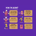 Snack Zero snack packaging panel with cartoon style 'How I'm Born?' graphic.