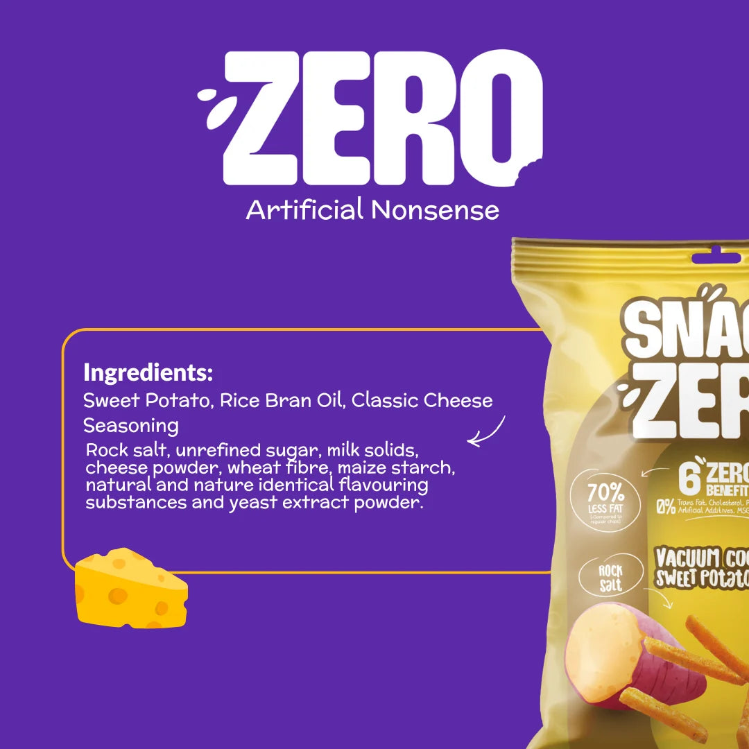 Snack Zero bag, yellow package with large 'ZERO' logo and sweet potato stix graphic.