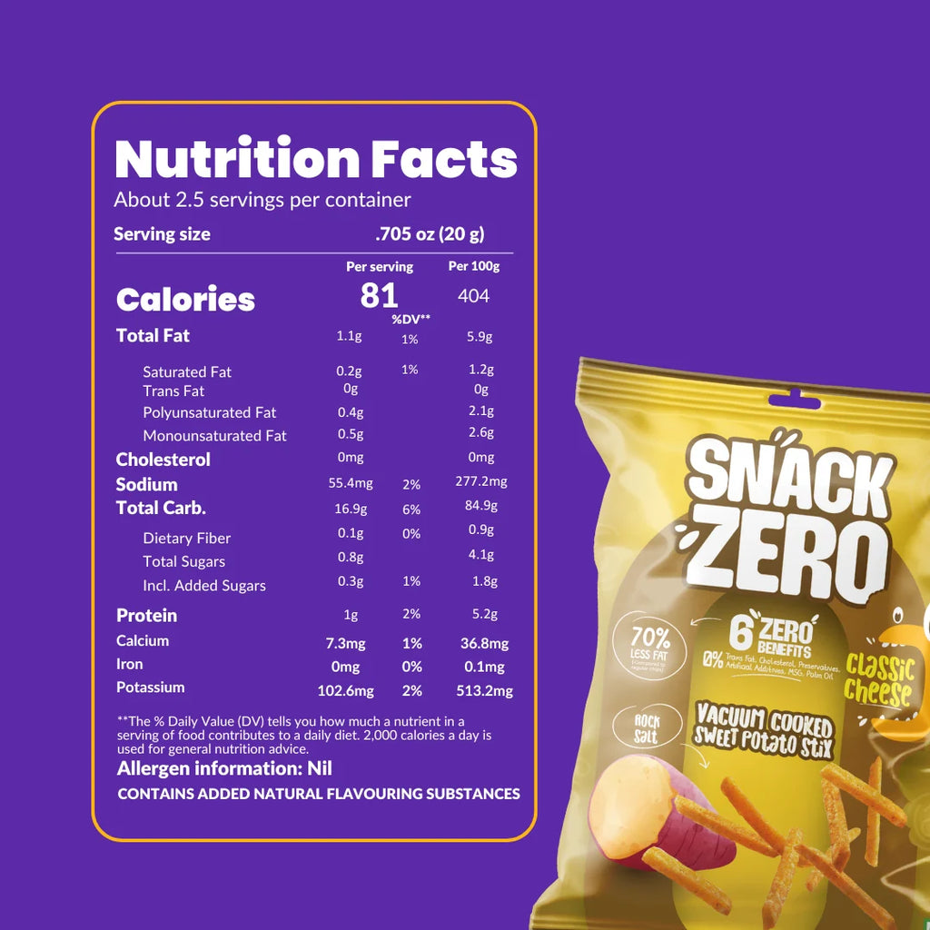 Snack Zero nutrition facts panel on back of yellow snack bag.