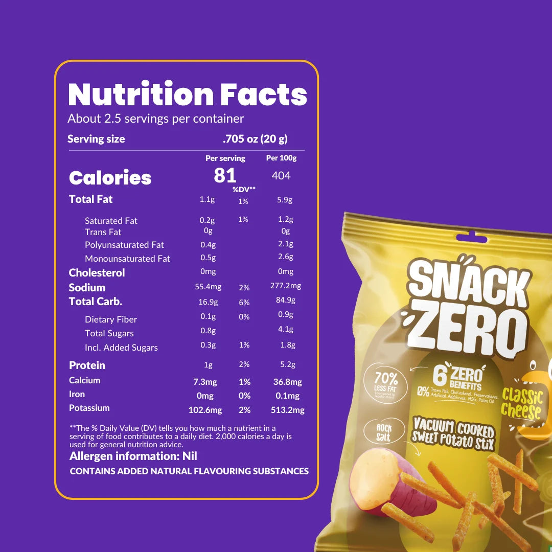 Snack Zero nutrition facts panel on back of yellow snack bag.
