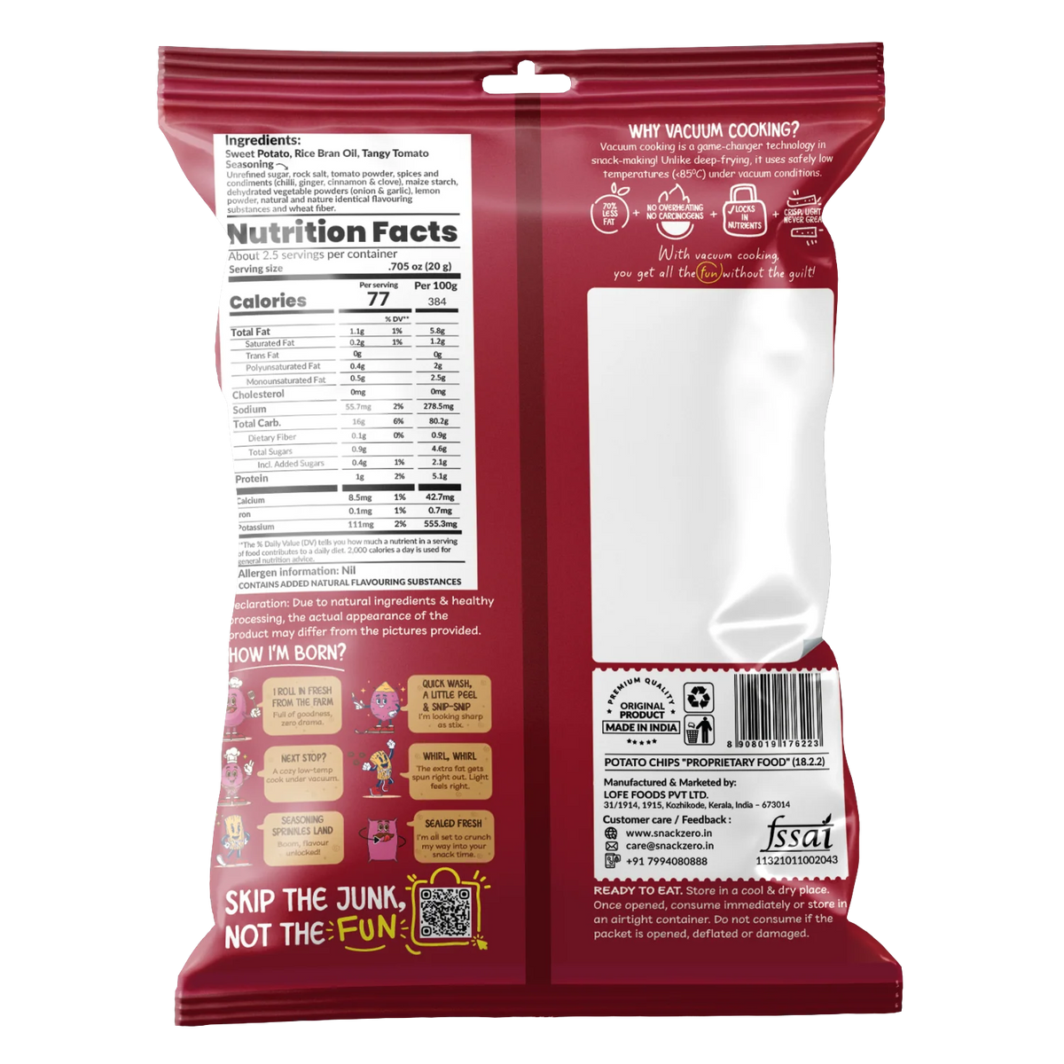 Snack Zero sweet potato stix bag back side with nutrition facts and how-it-works graphic