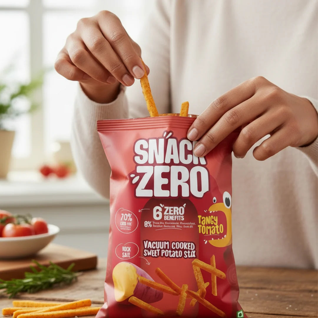 Snack Zero tangy tomato sweet potato stix bag held by hands with snack sticks