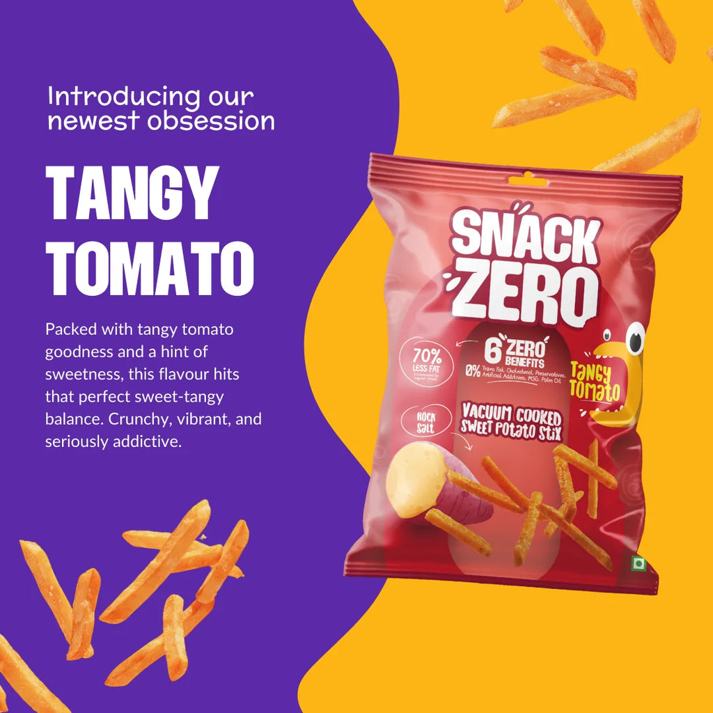 Snack Zero tangy tomato sweet potato stix bag with bold “TANGY TOMATO” branding