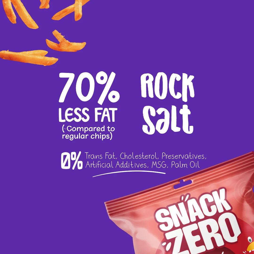 Snack Zero sweet potato stix bag corner with “70% rock salt” and “0%” claims