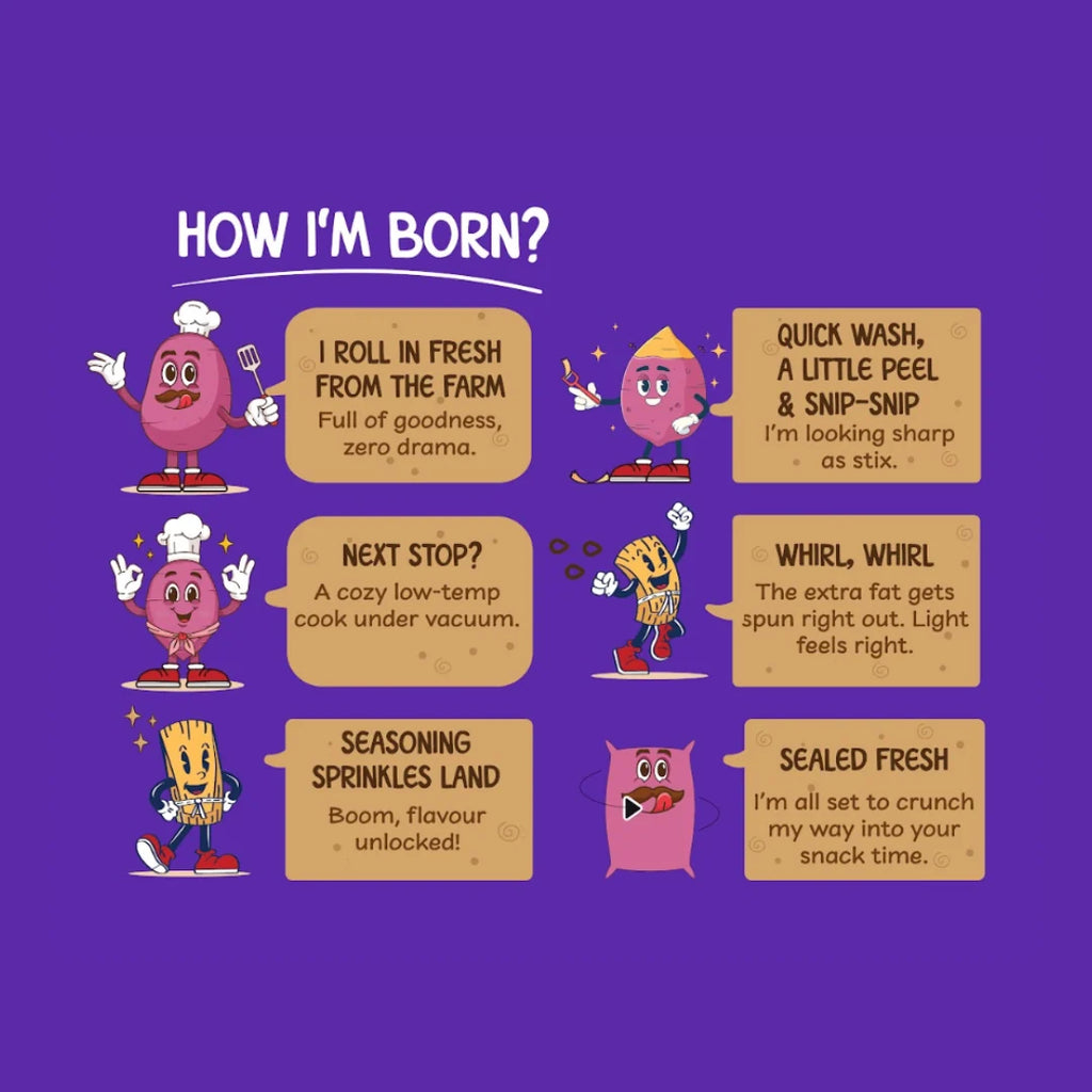 Snack Zero sweet potato stix bag with “How I'm born?” step-by-step graphic