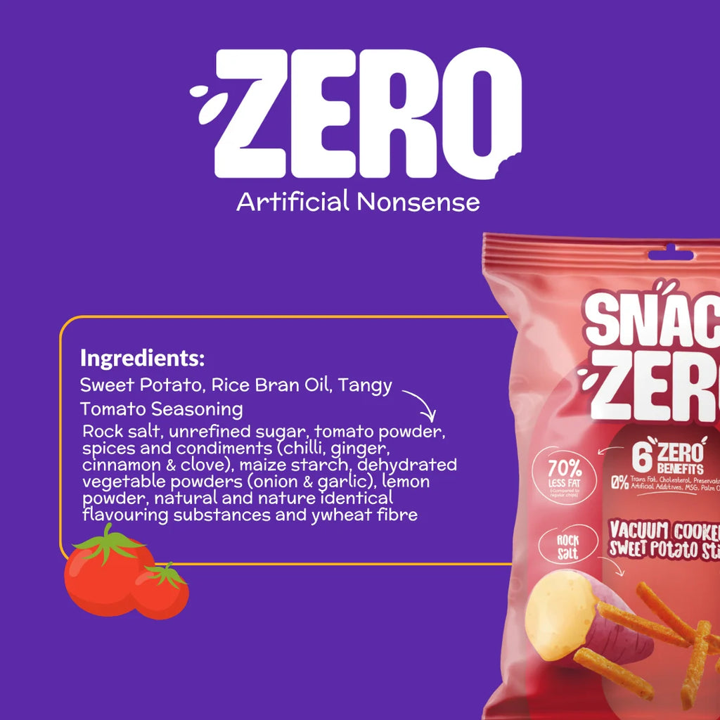 Snack Zero sweet potato stix bag with ingredient list text and tomato flavor callout