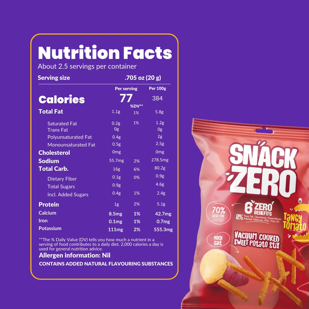 Snack Zero nutrition facts panel on the back of a tangy tomato sweet potato stix bag