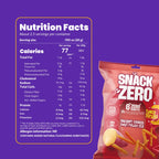Snack Zero nutrition facts panel on the back of a tangy tomato sweet potato stix bag