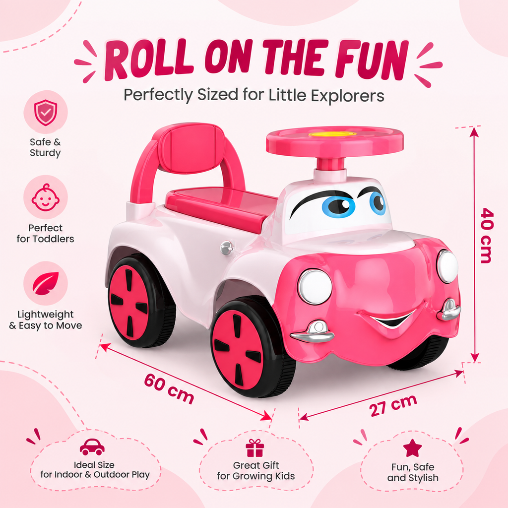 Pink and white kids ride-on push car with smiling face and wide front wheels