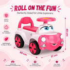 Pink and white kids ride-on push car with smiling face and wide front wheels