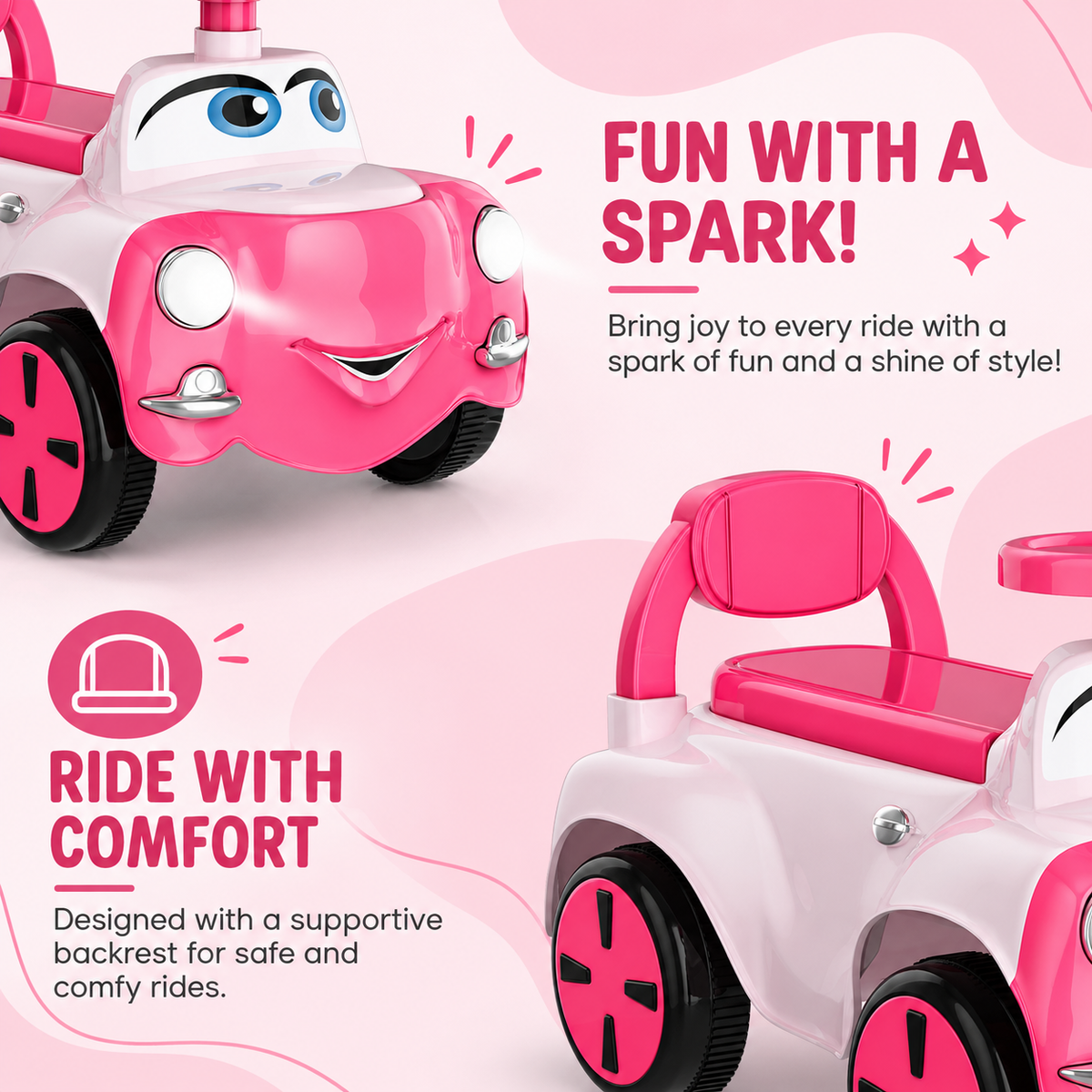 Thomas Push Ride On Car for Kids 1-5 Years | Baby Push Car with Music, 3D Lights & Backrest | Premium Ride On Toy Supports Up to 35kg