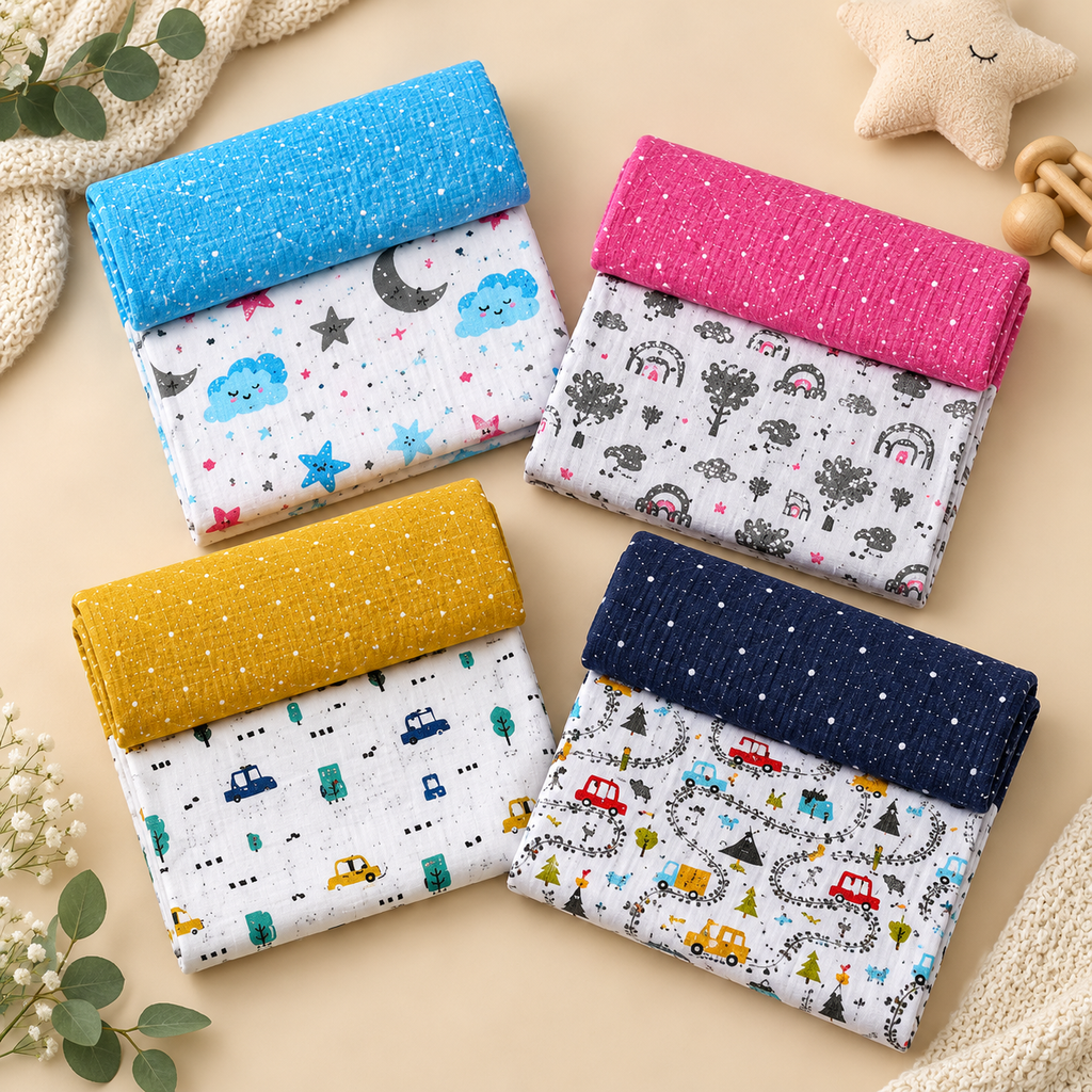 Printed cradle cloth set with glitter borders in blue, pink, yellow, and navy, animal prints