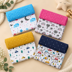 Printed cradle cloth set with glitter borders in blue, pink, yellow, and navy, animal prints