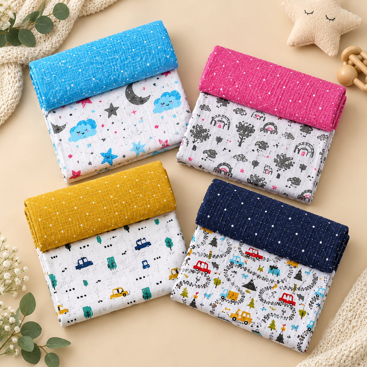 Printed cradle cloth set with glitter borders in blue, pink, yellow, and navy, animal prints
