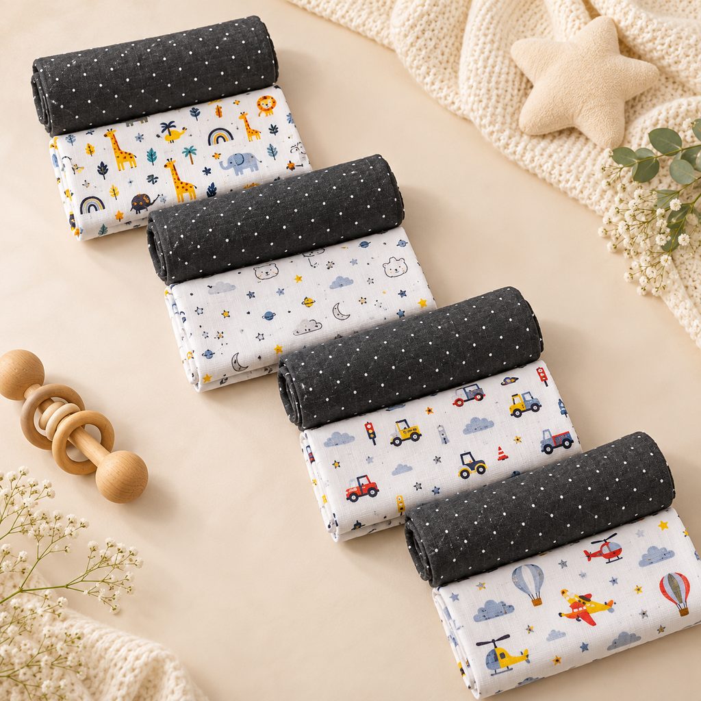 Printed cradle cloth set with dark gray borders and light bases, trucks, rainbows, stars