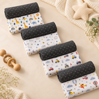 Printed cradle cloth set with dark gray borders and light bases, trucks, rainbows, stars