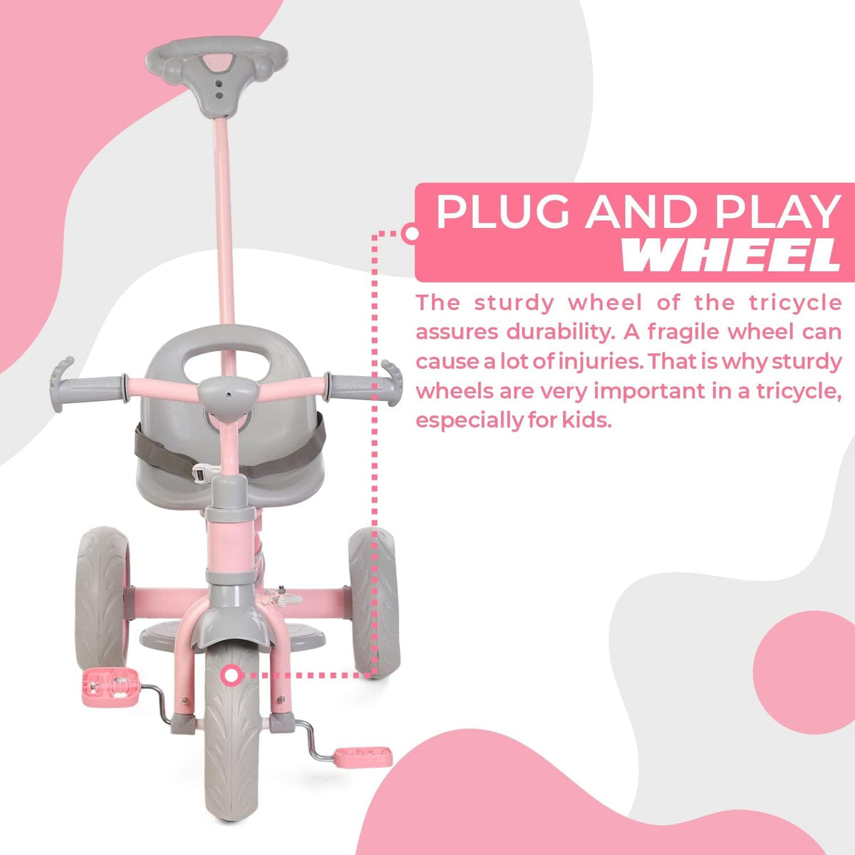 Kids pink and gray 3-wheel tricycle with front handlebars and padded child seat