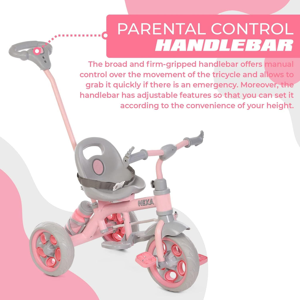 Kids pink and gray 3-wheel tricycle with adjustable parental handlebar and seat