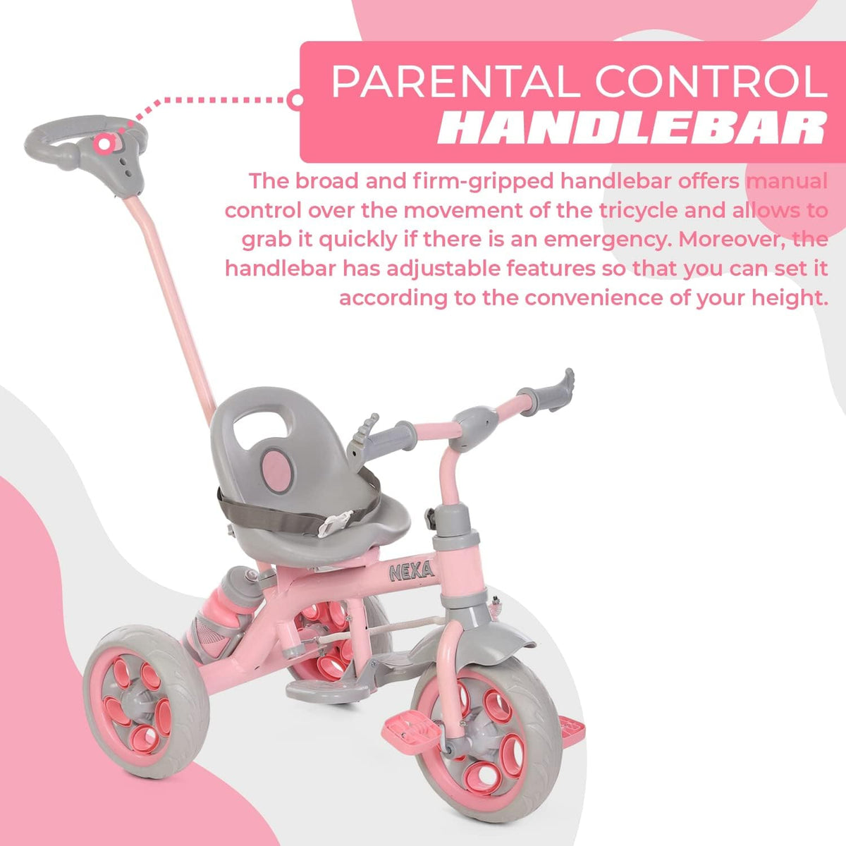 Kids pink and gray 3-wheel tricycle with adjustable parental handlebar and seat