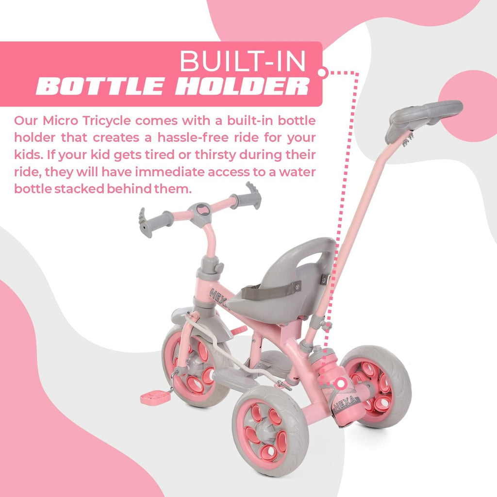 Kids pink and gray 3-wheel tricycle with padded seat and front storage bottle holder