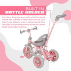 Kids pink and gray 3-wheel tricycle with padded seat and front storage bottle holder