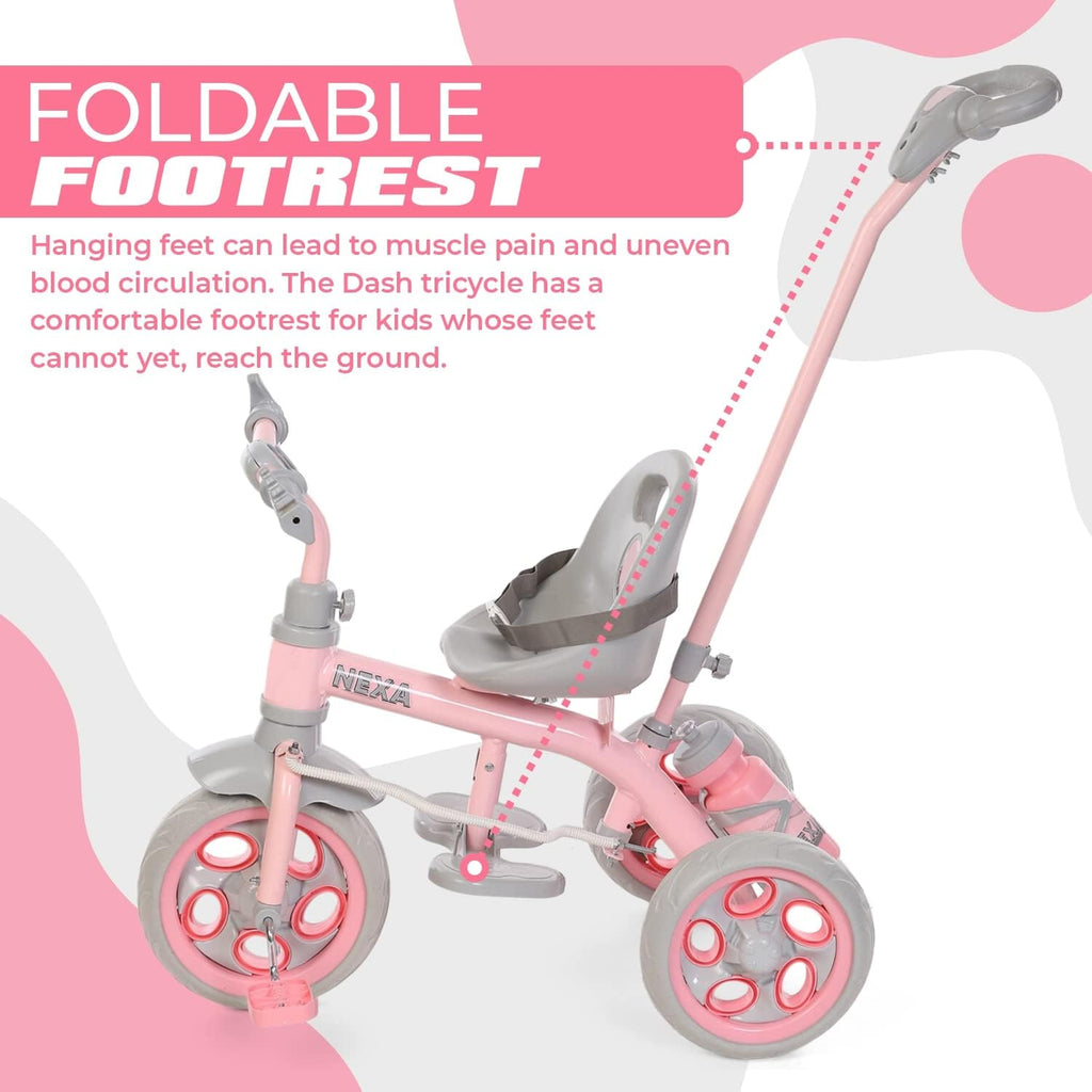 Kids pink and gray 3-wheel tricycle with foldable footrests and padded child seat