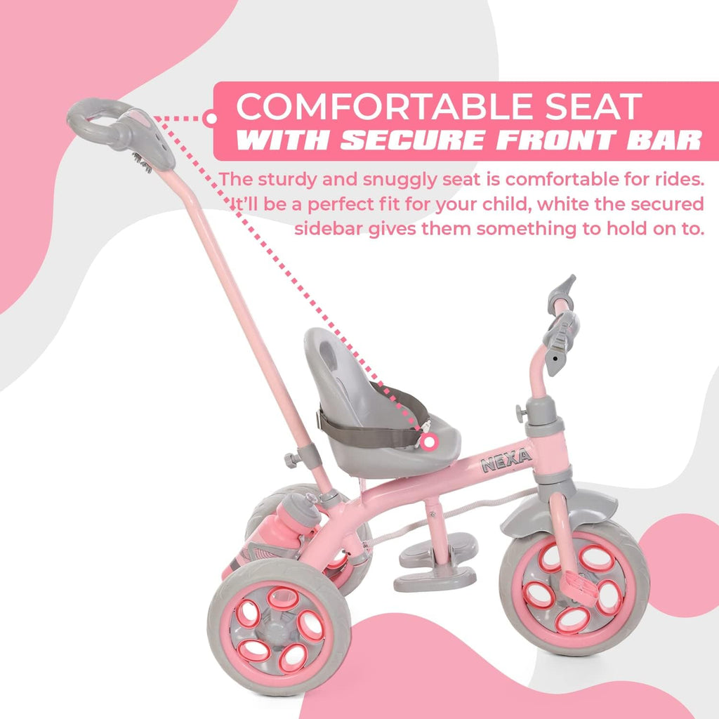 Kids pink and gray 3-wheel tricycle with secure front bar and padded seat