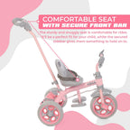 Kids pink and gray 3-wheel tricycle with secure front bar and padded seat