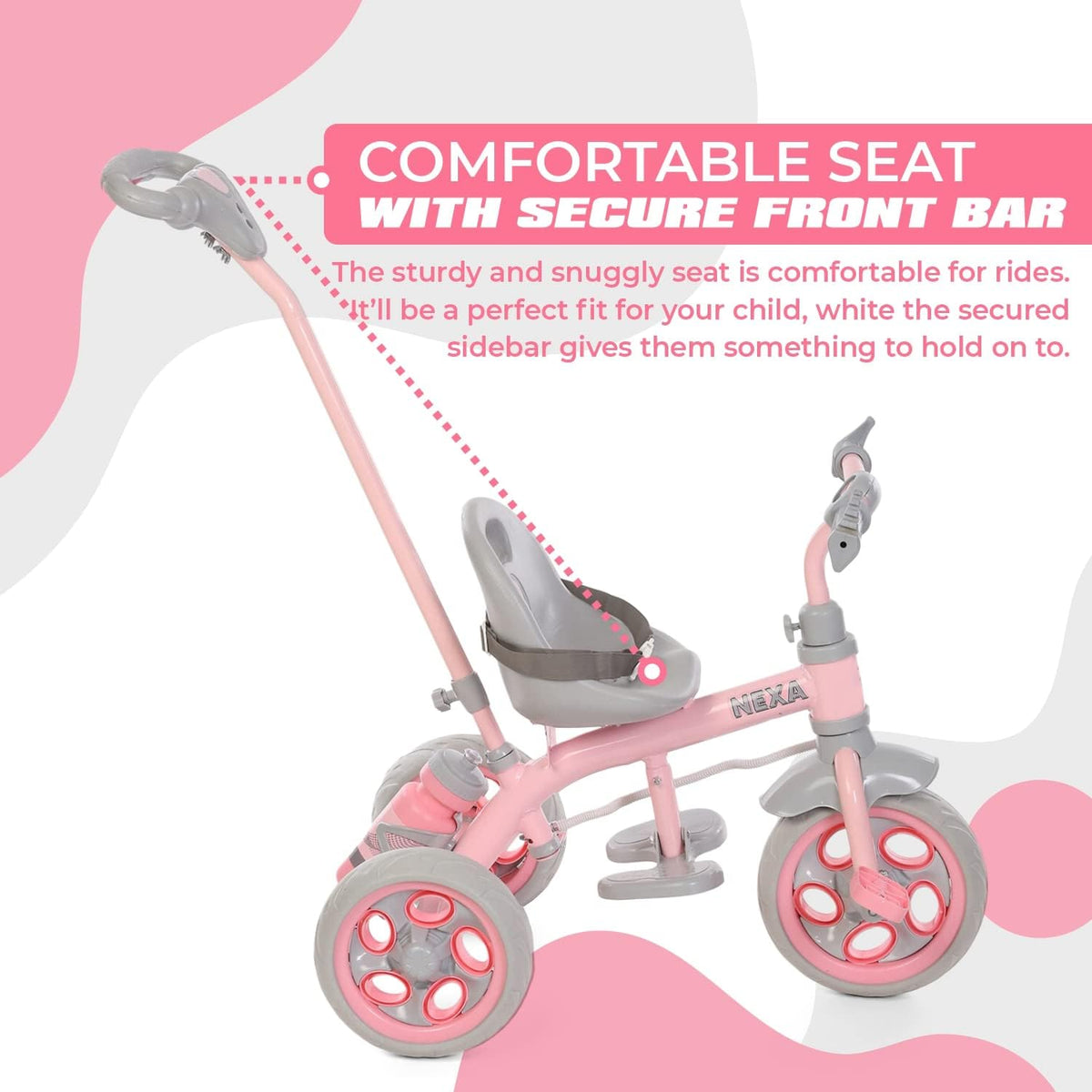 Kids pink and gray 3-wheel tricycle with secure front bar and padded seat