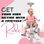 Toddler riding pink and gray kids 3-wheel tricycle with parental handlebar