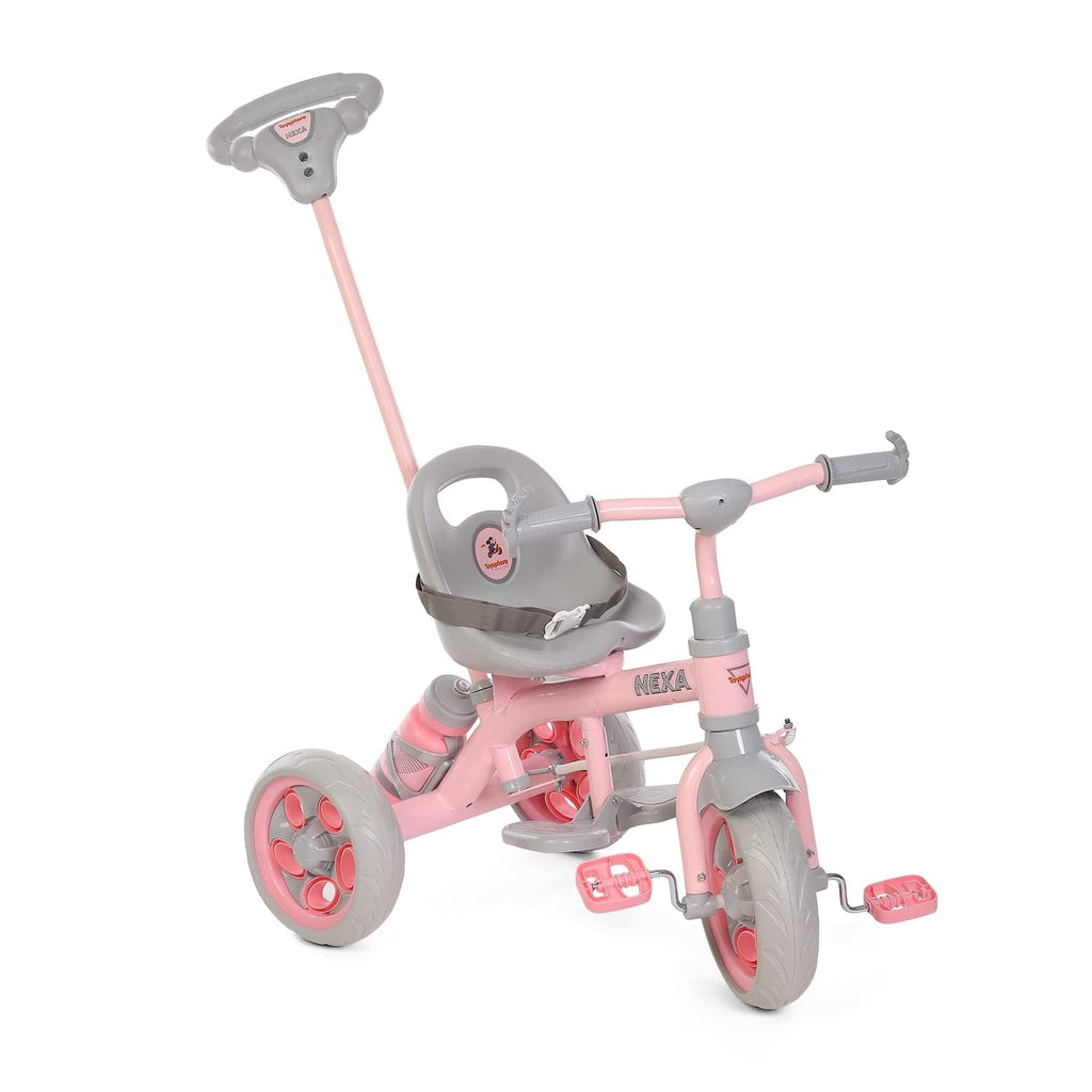 Kids pink and gray 3-wheel tricycle in side view with handlebars and seat