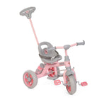 Kids pink and gray 3-wheel tricycle in side view with handlebars and seat