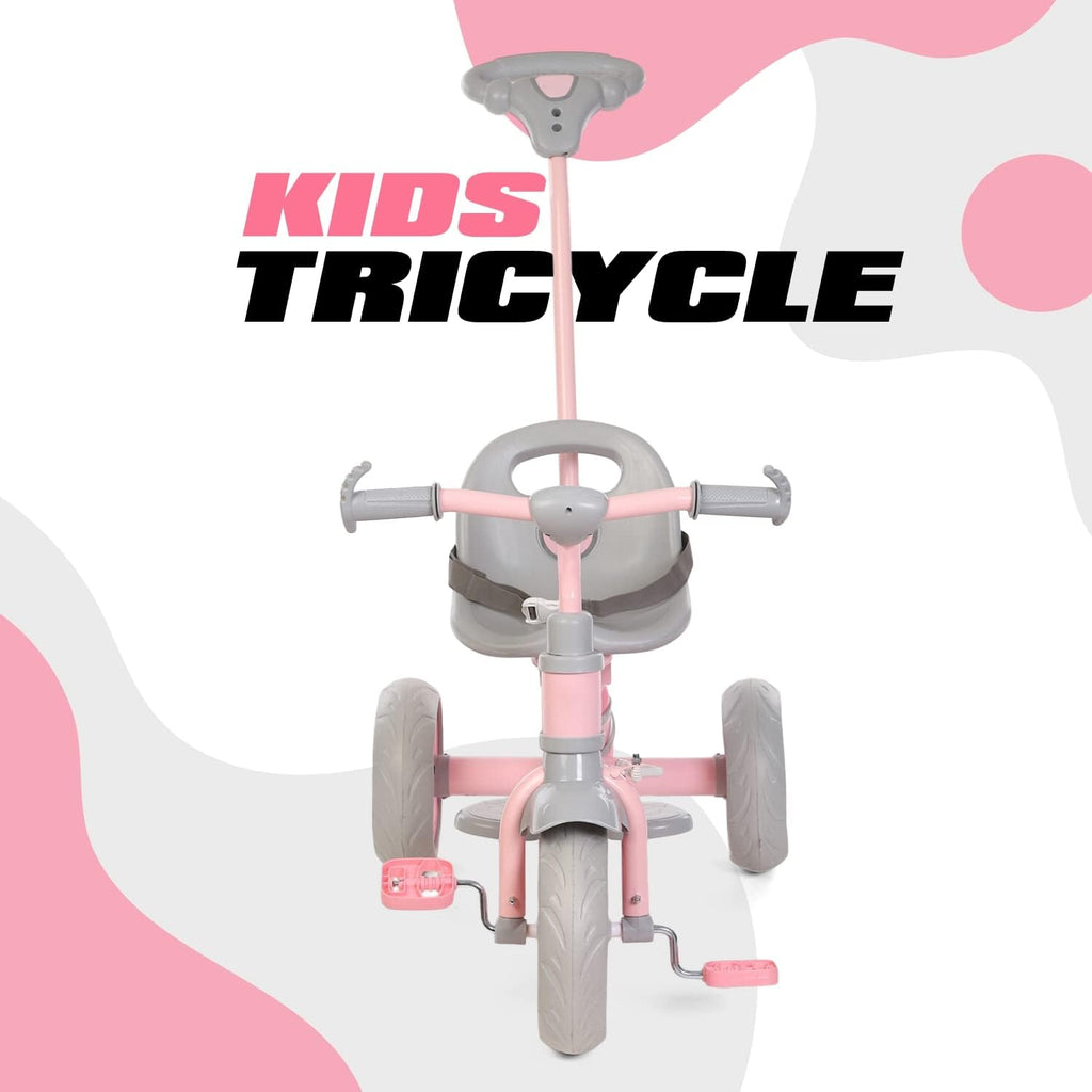 Kids pink and gray 3-wheel tricycle with parental handle and safety belt seat