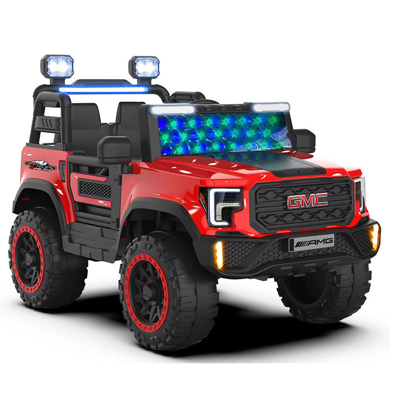 Red kids ride-on electric jeep with front grille details and blue LED light display