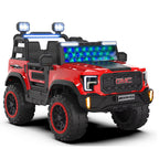 Red kids ride-on electric jeep with front grille details and blue LED light display