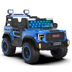 Blue kids ride-on electric jeep with blue LED light bar and amber front grille lights