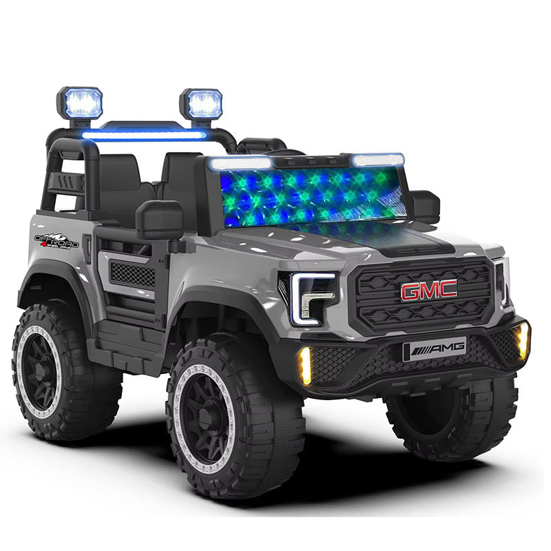 Gray kids ride-on electric jeep with blue LED light bar and amber front lights