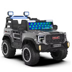 Gray kids ride-on electric jeep with blue LED light bar and amber front lights