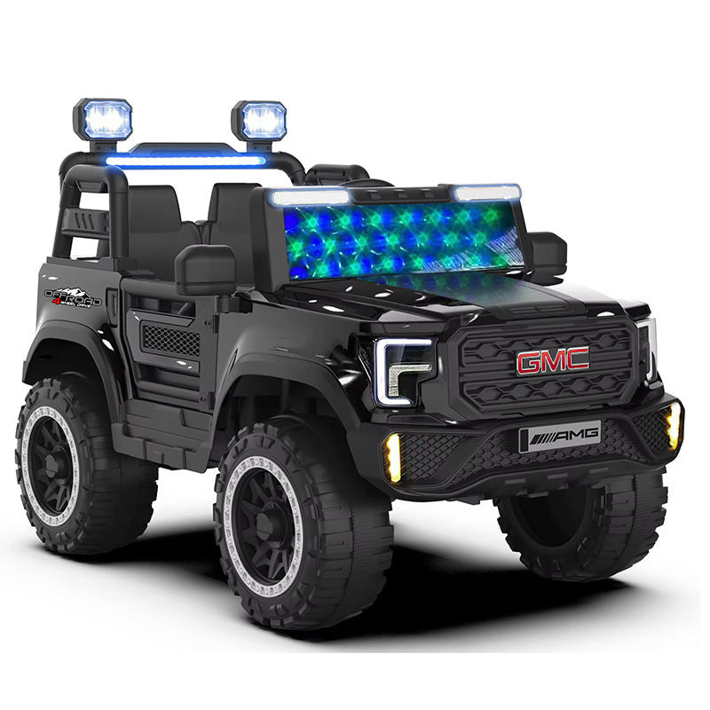 Black kids ride-on electric jeep with blue LED light bar and twin light pods