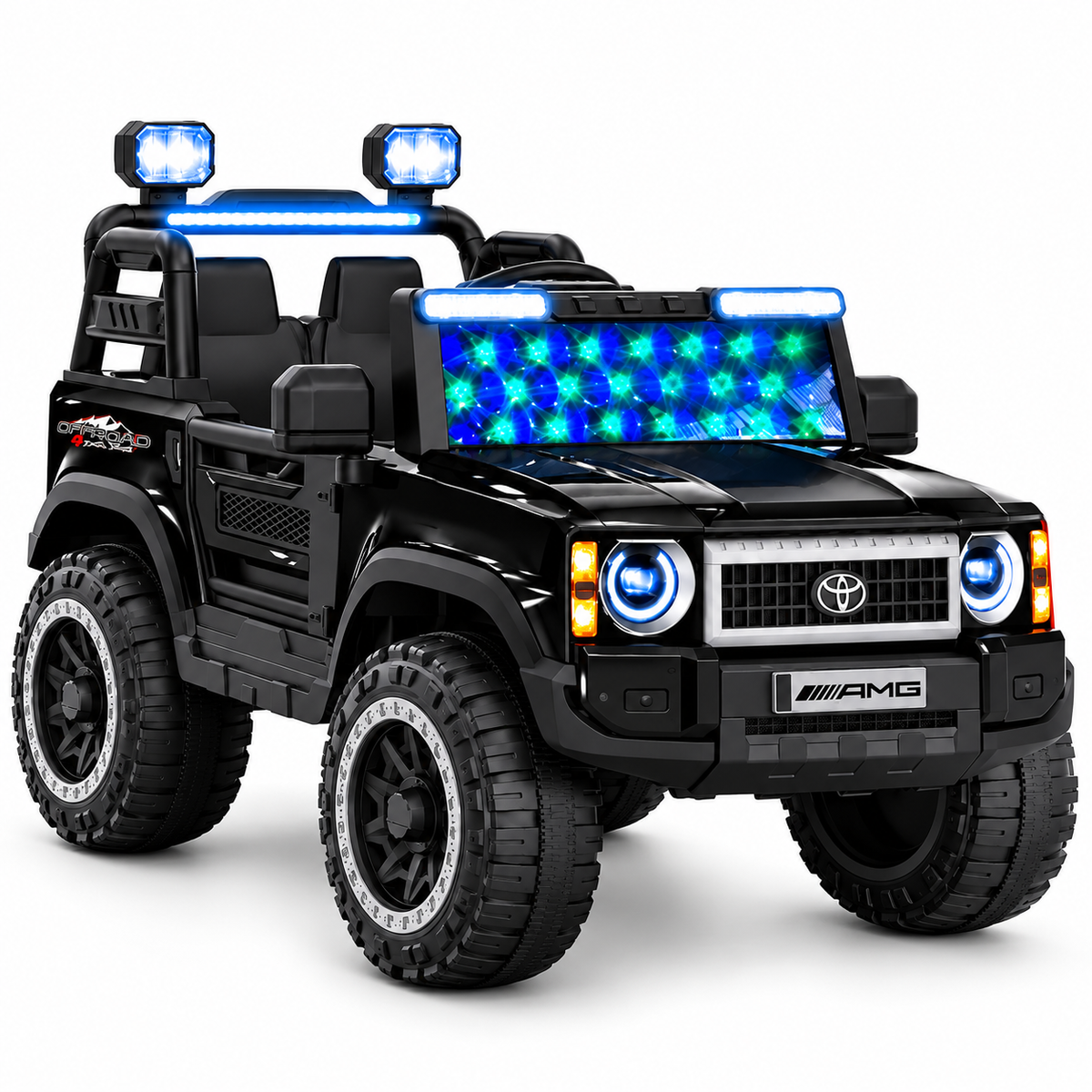 Blue kids electric ride-on jeep with LED light bar and front grille headlights