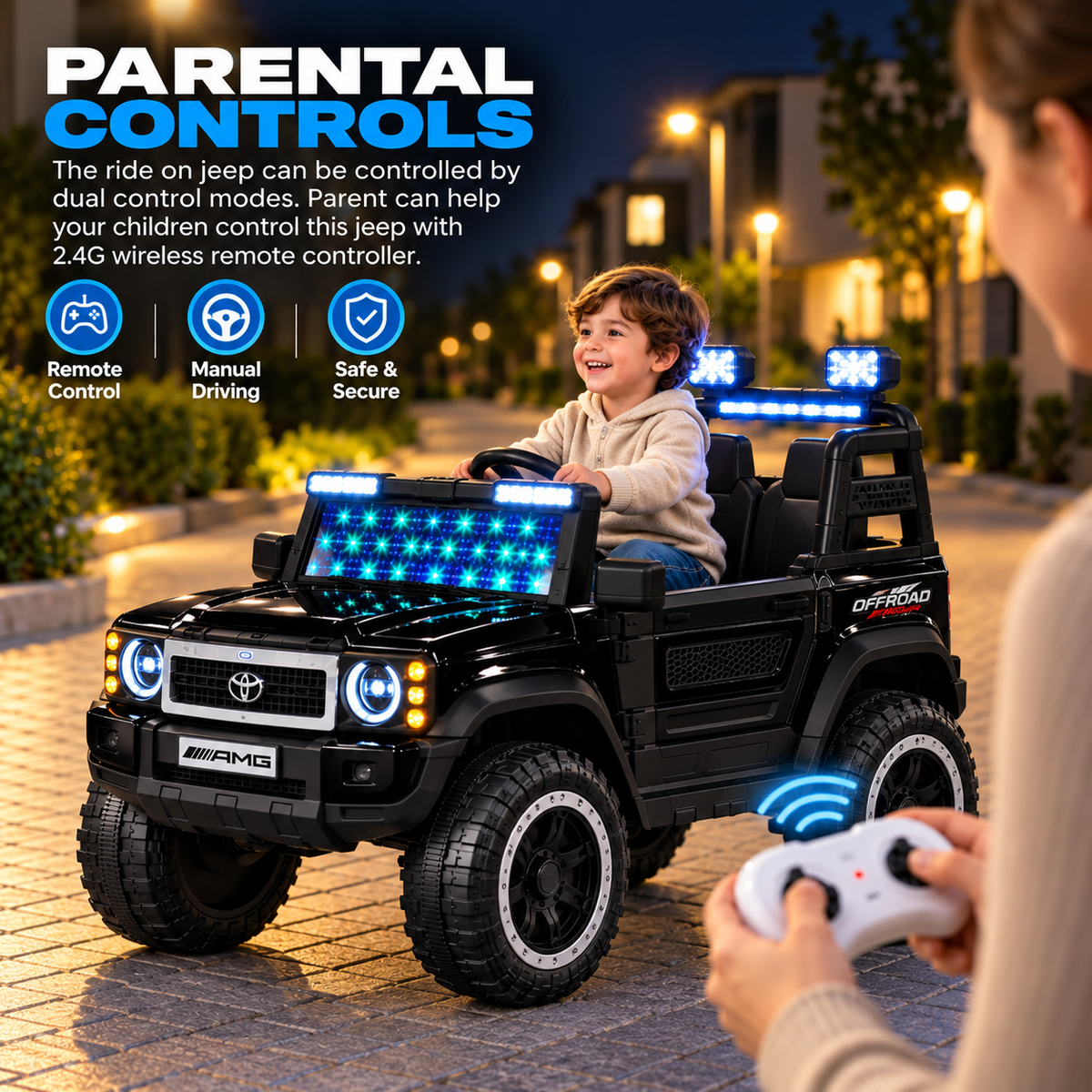 Black kids electric ride-on jeep with LED lights and parent holding remote control