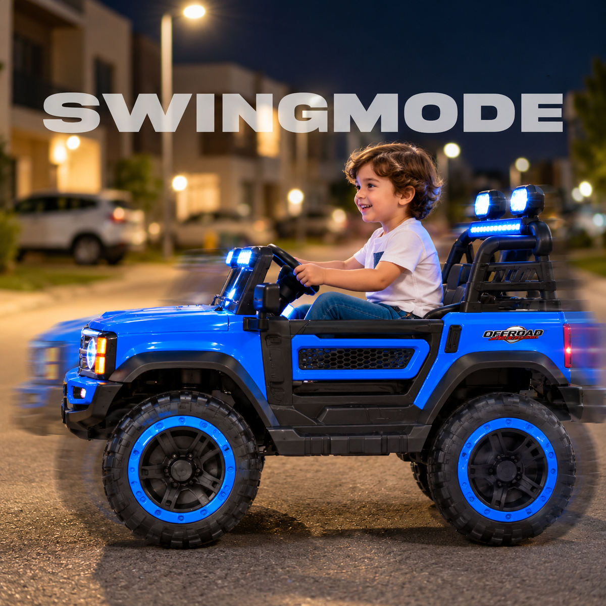 Blue kids ride-on jeep with glowing LED light bar and child holding steering wheel
