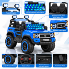 Blue kids ride-on jeep features: LED lights, dual seat, music panel, accelerator pedal