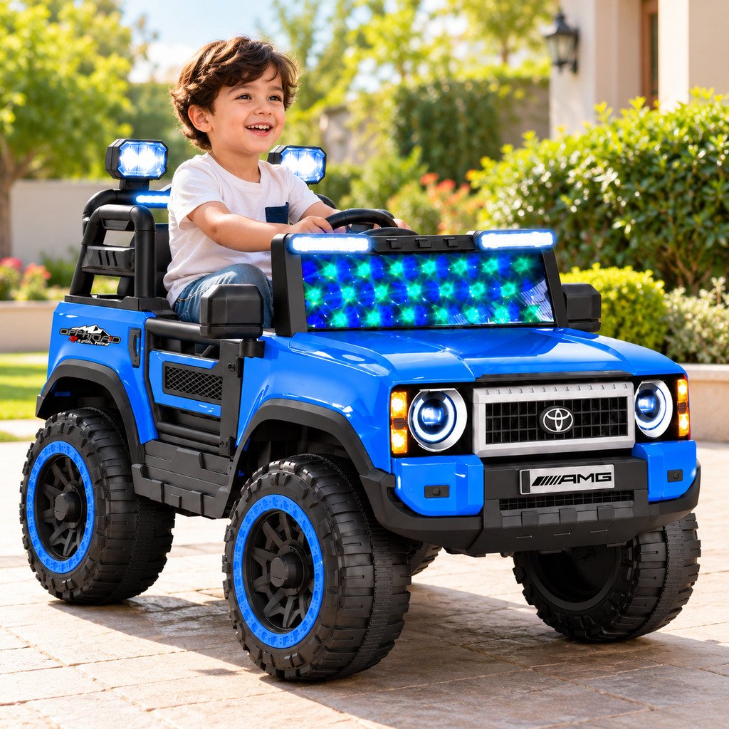 Blue kids ride-on jeep with LED light bar and smiling child seated in driver seat