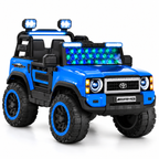 Blue kids ride-on jeep with LED light bar, front headlights, and grille details